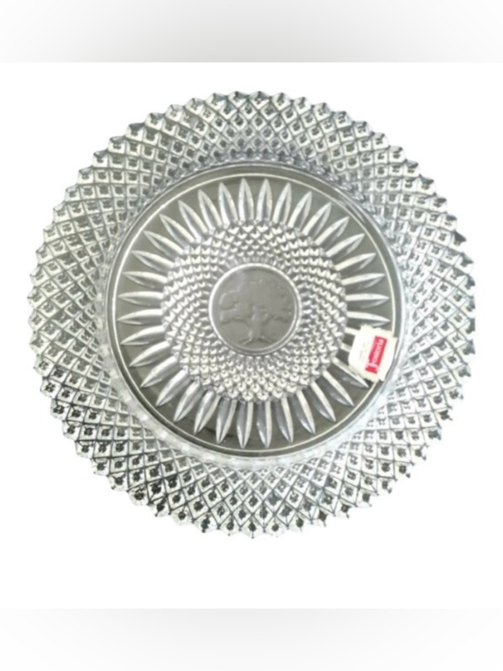 Vintage Fostoria 1978 English hobnail crystal plate with a center tree of life